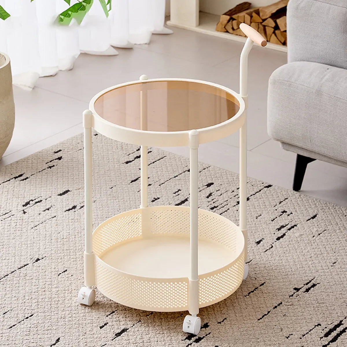 Movable Side Table Rolling Caster Wheels 2 Tier for Living Room