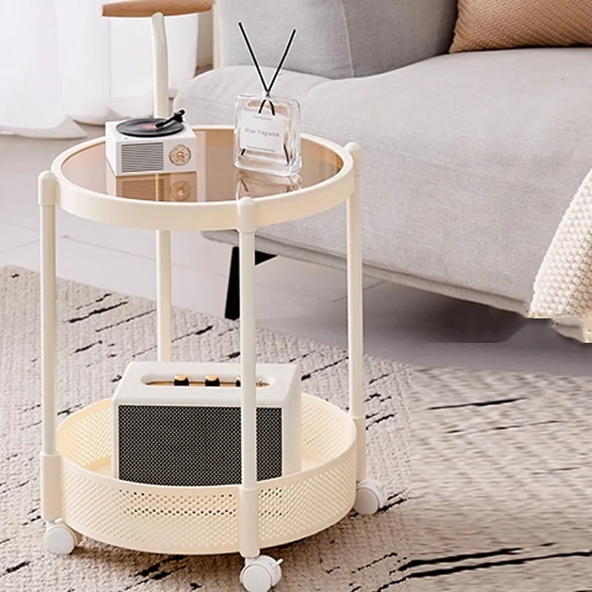 Movable Side Table Rolling Caster Wheels 2 Tier for Living Room