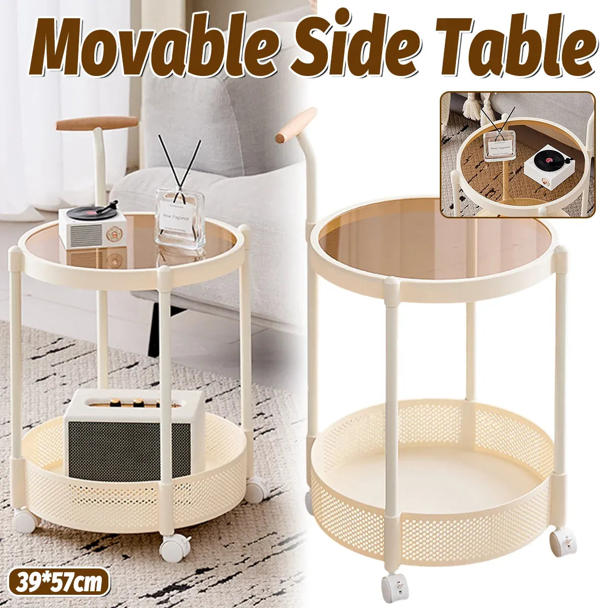 Movable Side Table Rolling Caster Wheels 2 Tier for Living Room