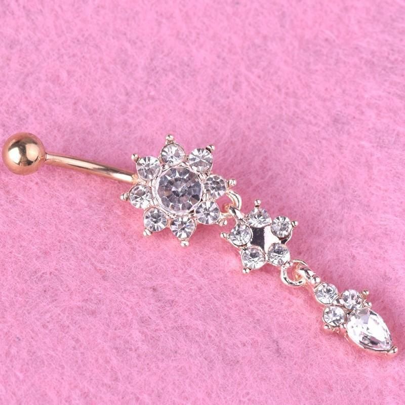 Flower Crystal Surgical Steel Dangle BELLY Button Navel bars Ring Body Piercing - Rose Red