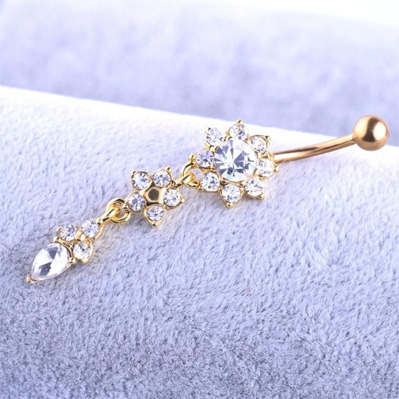 Flower Crystal Surgical Steel Dangle BELLY Button Navel bars Ring Body Piercing - Rose Red