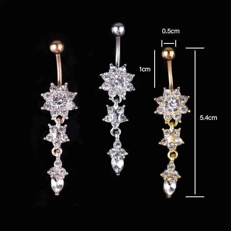 Flower Crystal Surgical Steel Dangle BELLY Button Navel bars Ring Body Piercing - Rose Red
