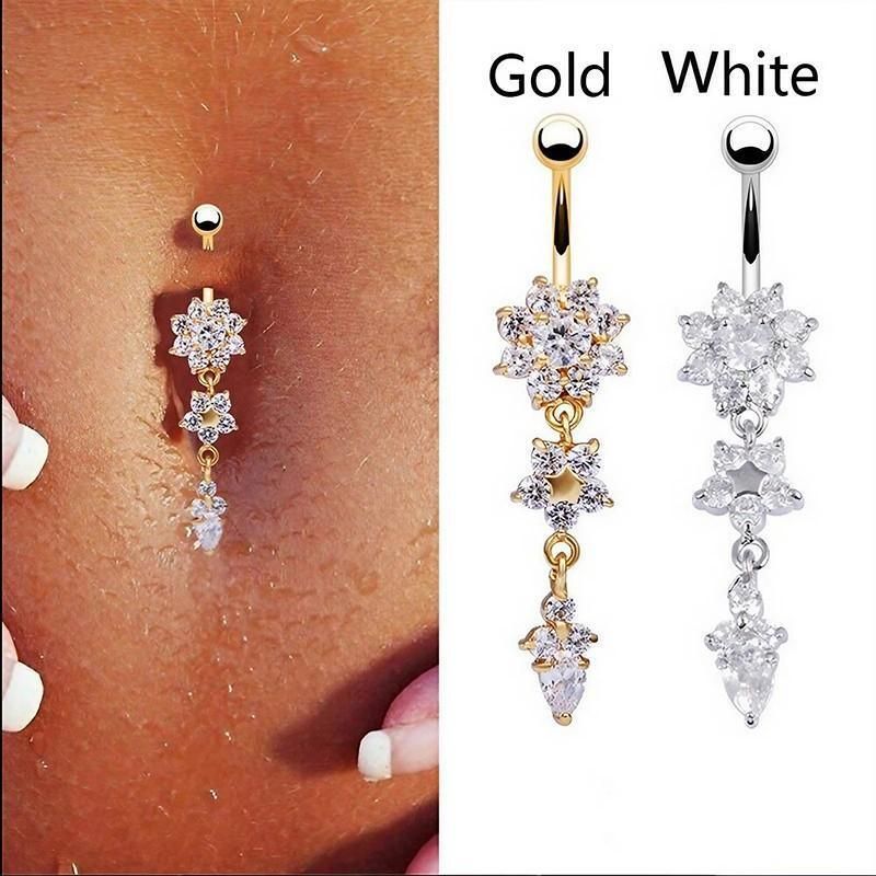 Flower Crystal Surgical Steel Dangle BELLY Button Navel bars Ring Body Piercing - Rose Red
