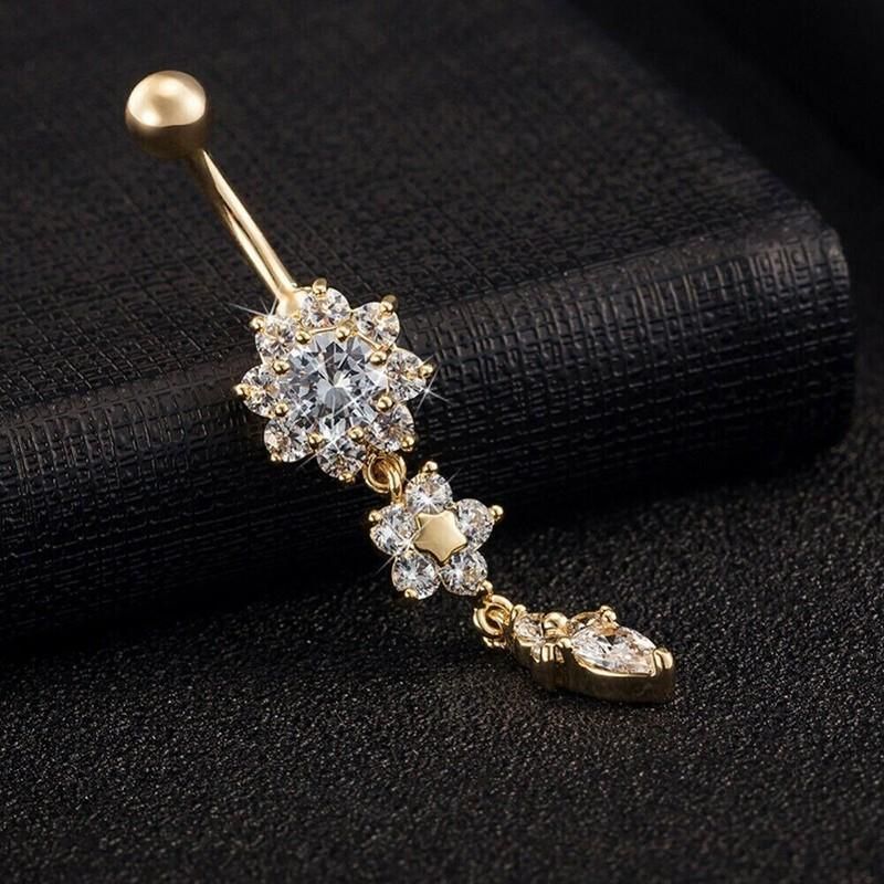 Flower Crystal Surgical Steel Dangle BELLY Button Navel bars Ring Body Piercing - Rose Red