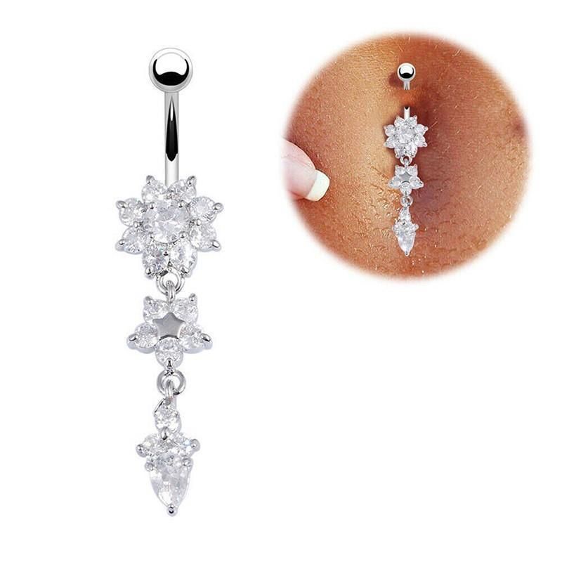 Flower Crystal Surgical Steel Dangle BELLY Button Navel bars Ring Body Piercing - Rose Red