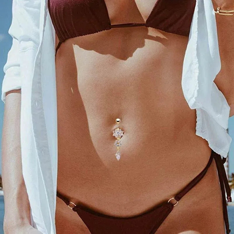 Flower Crystal Surgical Steel Dangle BELLY Button Navel bars Ring Body Piercing - Rose Red
