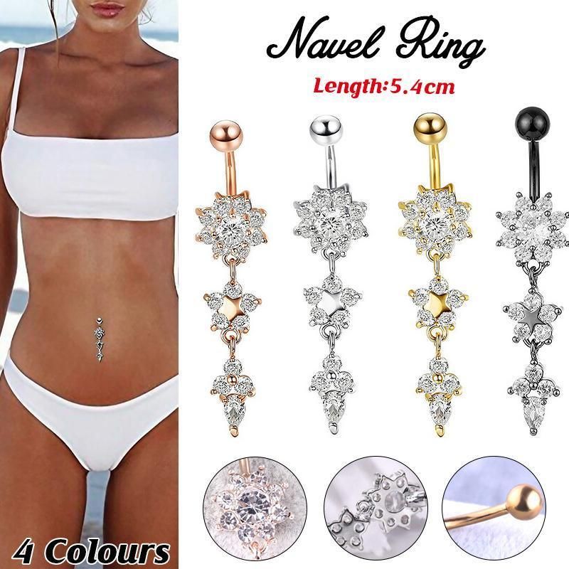 Flower Crystal Surgical Steel Dangle BELLY Button Navel bars Ring Body Piercing - Rose Red