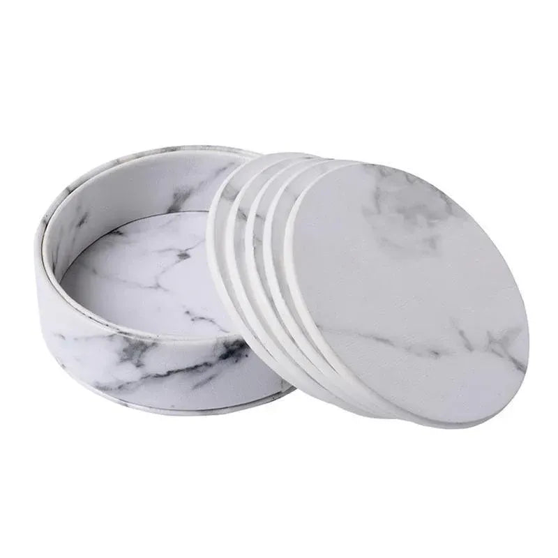 6x Coasters with Holder Marble Texture Round Cup Mat Pad Set For Drinks - Marble Black