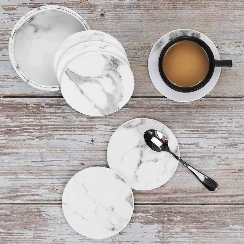 6x Coasters with Holder Marble Texture Round Cup Mat Pad Set For Drinks - Marble Black