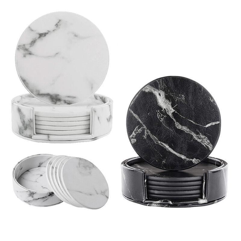 6x Coasters with Holder Marble Texture Round Cup Mat Pad Set For Drinks - Marble Black