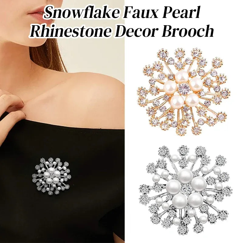 Snowflake Imitation Pearl Brooch Rhinestone Metal Alloy Pin For Coats Dresses - Gold