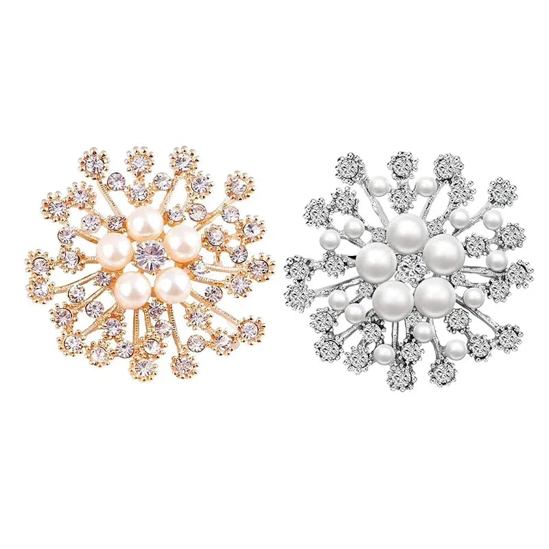 Snowflake Imitation Pearl Brooch Rhinestone Metal Alloy Pin For Coats Dresses - Gold