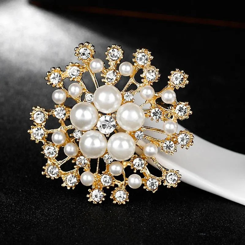 Snowflake Imitation Pearl Brooch Rhinestone Metal Alloy Pin For Coats Dresses - Gold