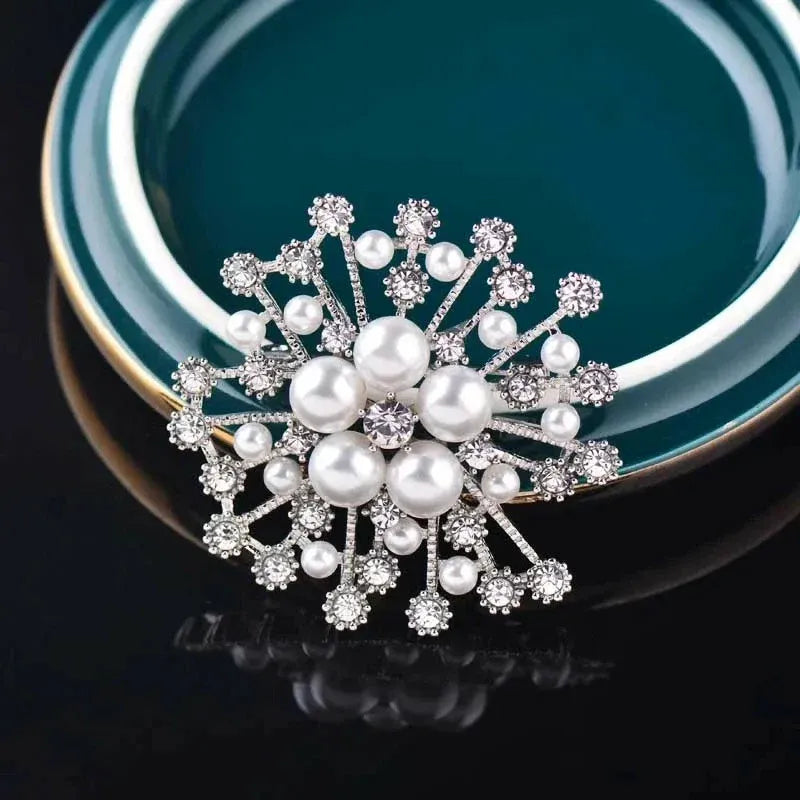 Snowflake Imitation Pearl Brooch Rhinestone Metal Alloy Pin For Coats Dresses - Sliver