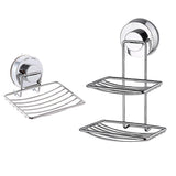 Shower Bar Holder Suction Basket Wall Mounted Stainless Steel Bathroom Soap Dish - Double Layer - Front View