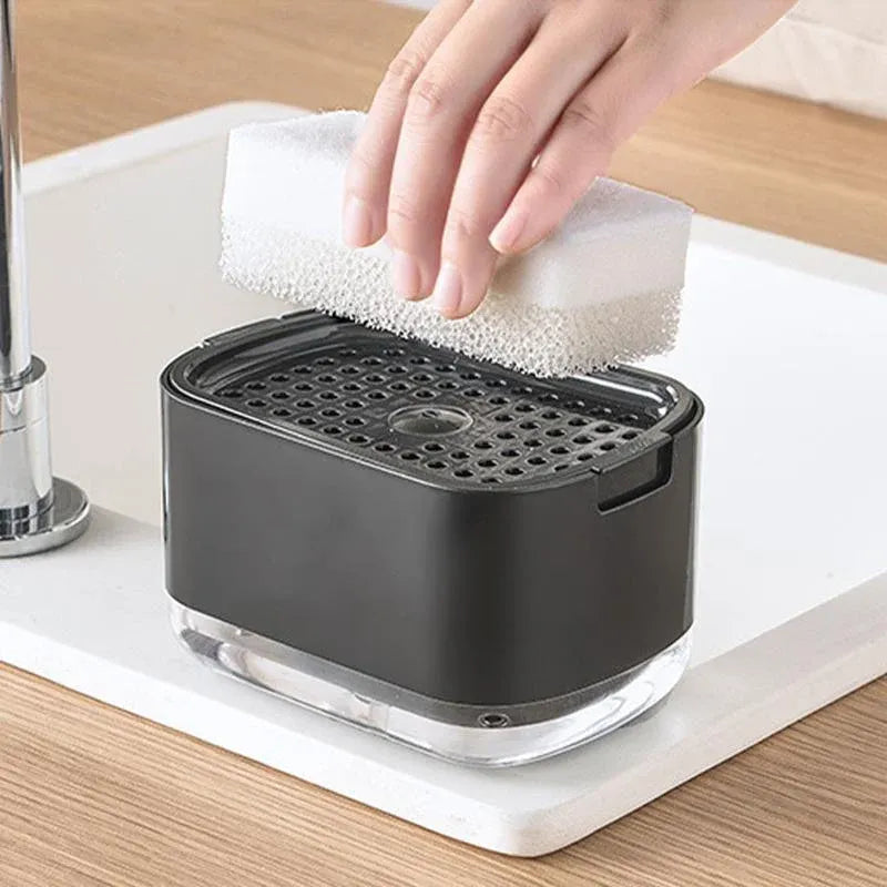 2in1 Soap Dispenser Pump Sponge Holder Countertop Dishwashing Liquid Container - Black