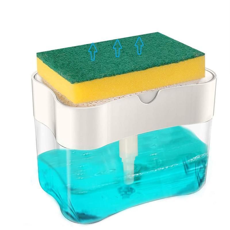 2 In 1 Soap Pump Dispenser Sponge Holder Dish Washing Liquid Container Kitchen - Grey