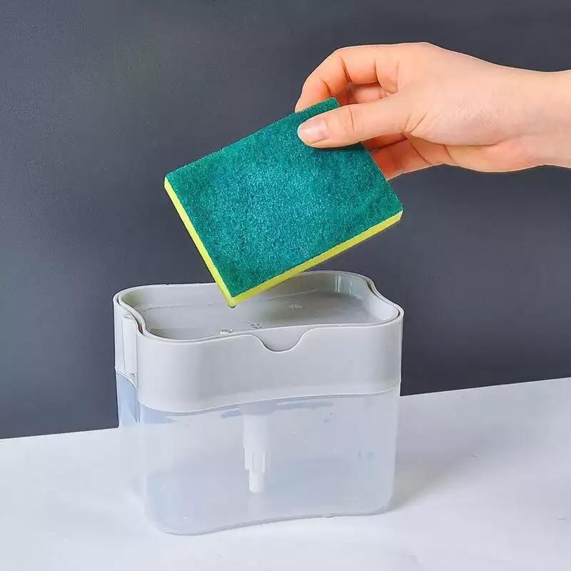 2 In 1 Soap Pump Dispenser Sponge Holder Dish Washing Liquid Container Kitchen - White