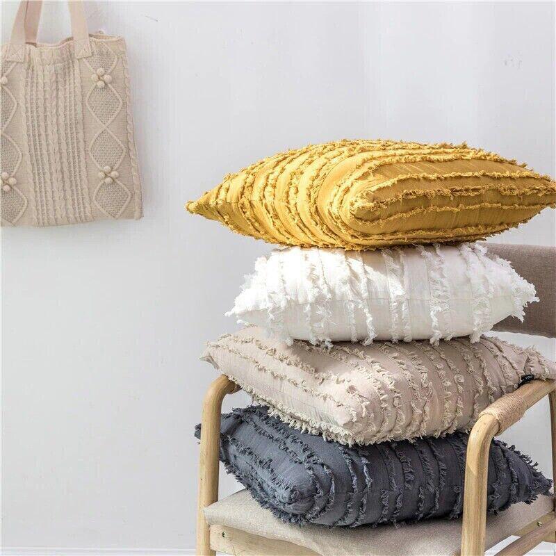 Boho Tassel Fringe Striped Cushion Cover Soft Home Decor Sofa Throw Pillow Case - Khaki