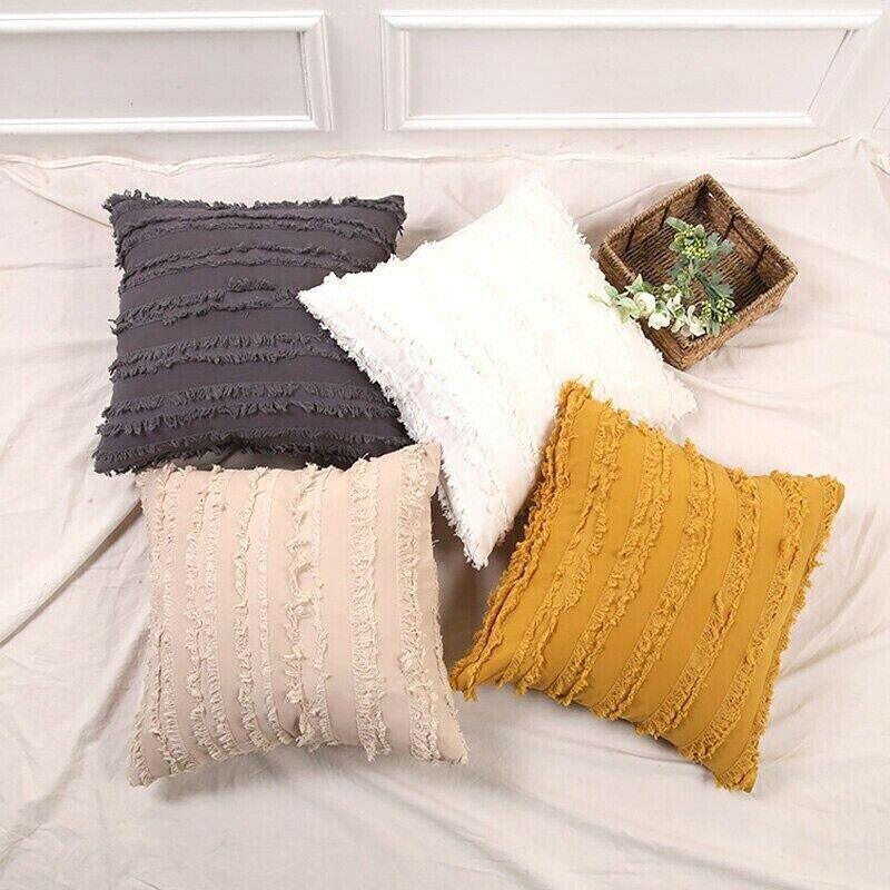 Boho Tassel Fringe Striped Cushion Cover Soft Home Decor Sofa Throw Pillow Case - Khaki