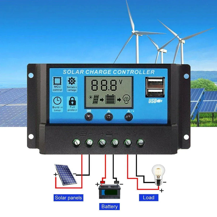 20A Solar Charge Controller 12V 24V LCD 2 USB Ports Lead-Acid Regulator
