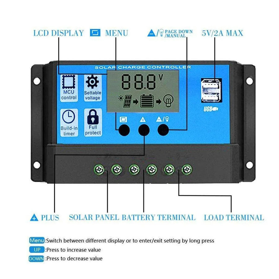 20A Solar Charge Controller 12V 24V LCD 2 USB Ports Lead-Acid Regulator