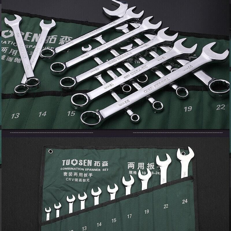 14 Piece Metric Combination Spanner Set with Roll Bag 8mm to 24mm Heavy Duty
