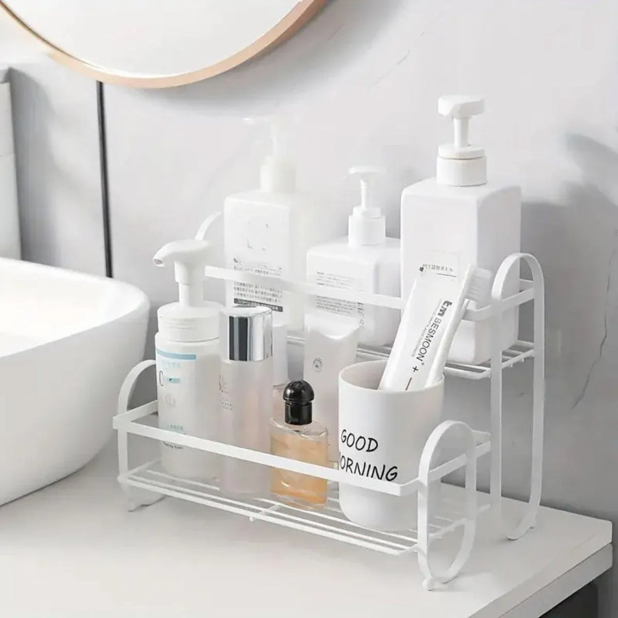 Iron Double Storage Shelf Organiser Durable Metal Rack for Kitchen Bathroom Use - Black