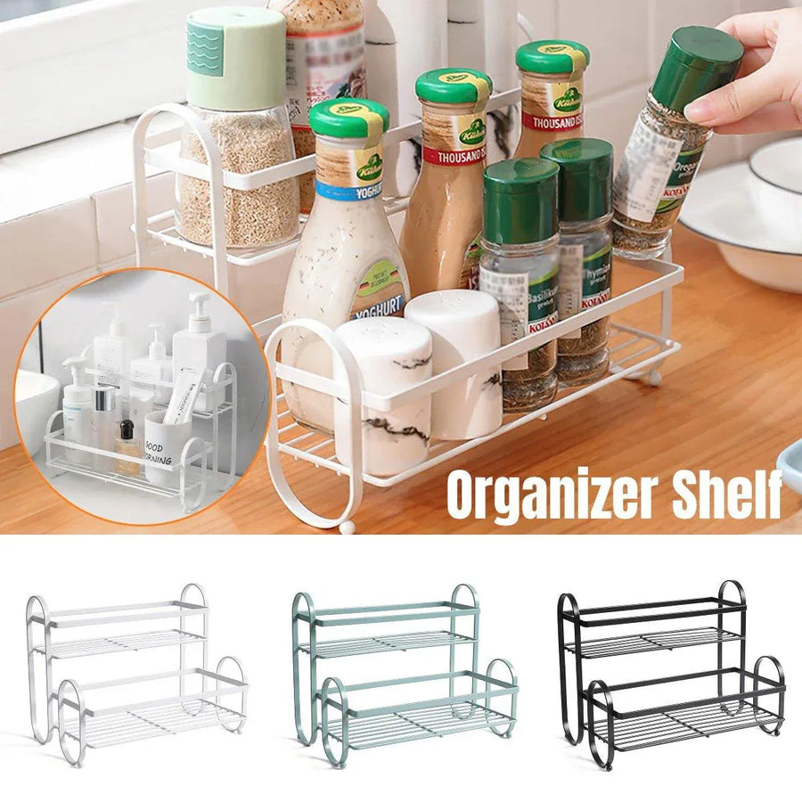 Iron Double Storage Shelf Organiser Durable Metal Rack for Kitchen Bathroom Use - Green