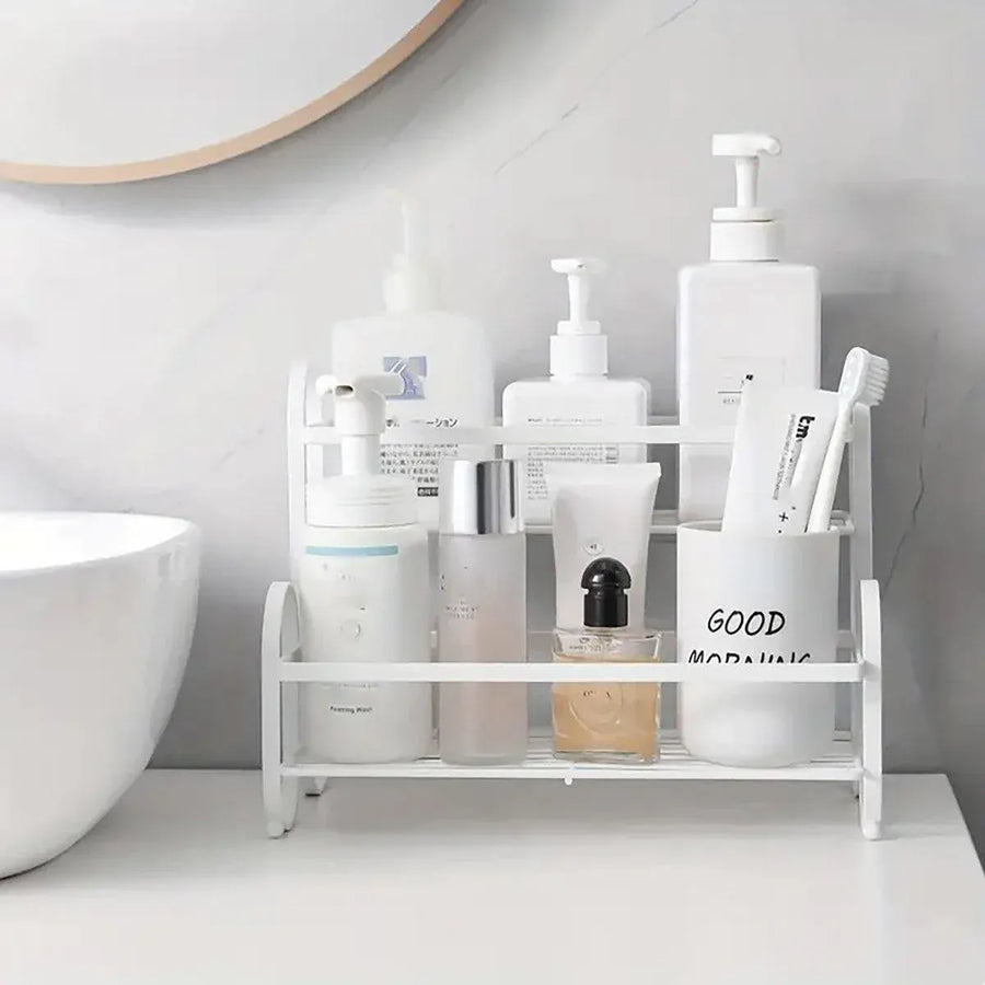 Iron Double Storage Shelf Organiser Durable Metal Rack for Kitchen Bathroom Use - White
