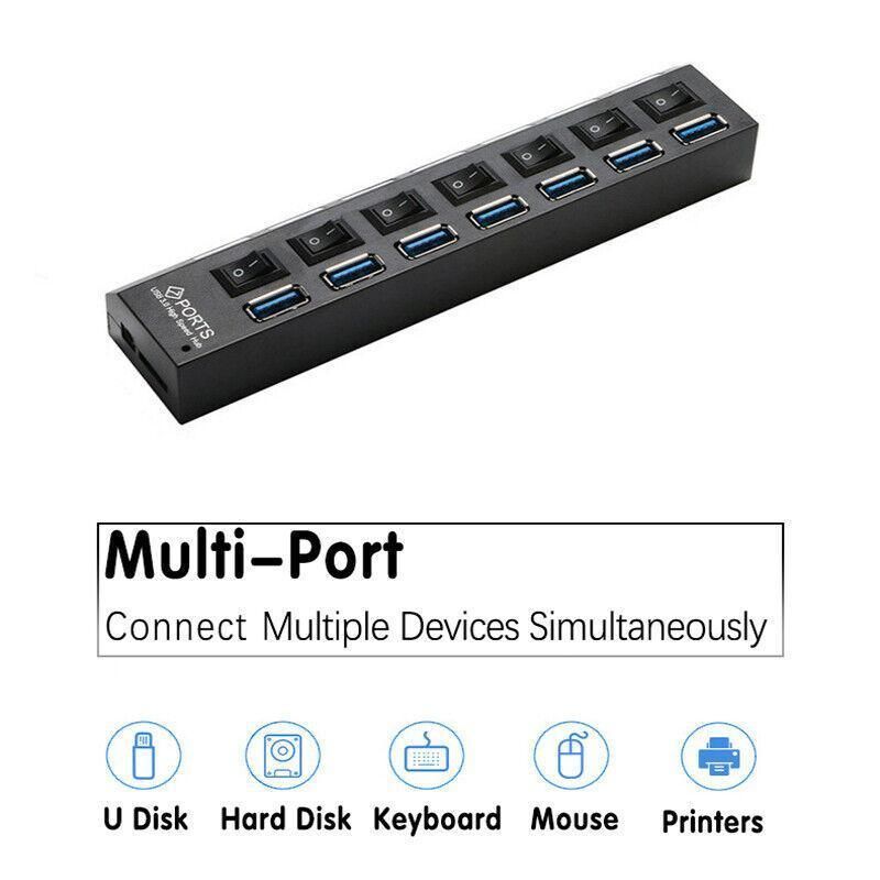 7 Port Usb 3.0 High Speed Extension Hub Splitter Extender For Pc Laptop Macbook - White