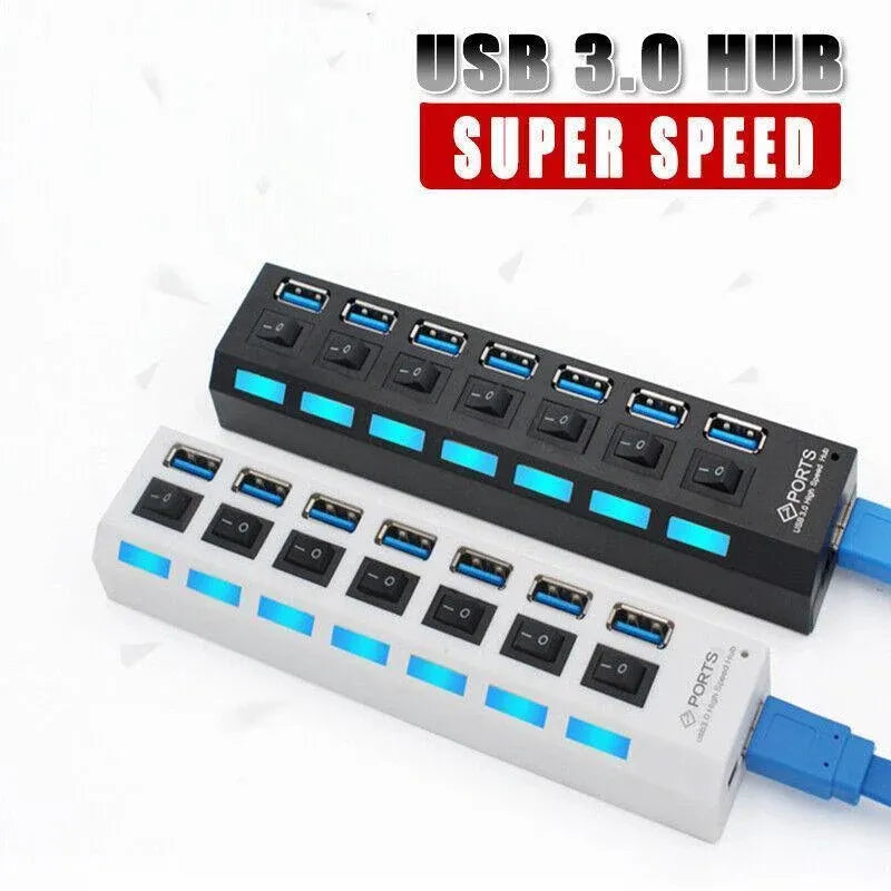 7 Port Usb 3.0 High Speed Extension Hub Splitter Extender For Pc Laptop Macbook - White
