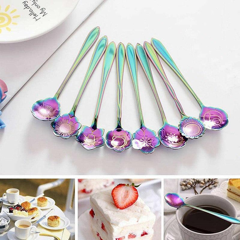 8X Spoon Long Handle Dessert Tea Coffee Mixing Spoon Stainless Steel Teaspoon - Rainbow