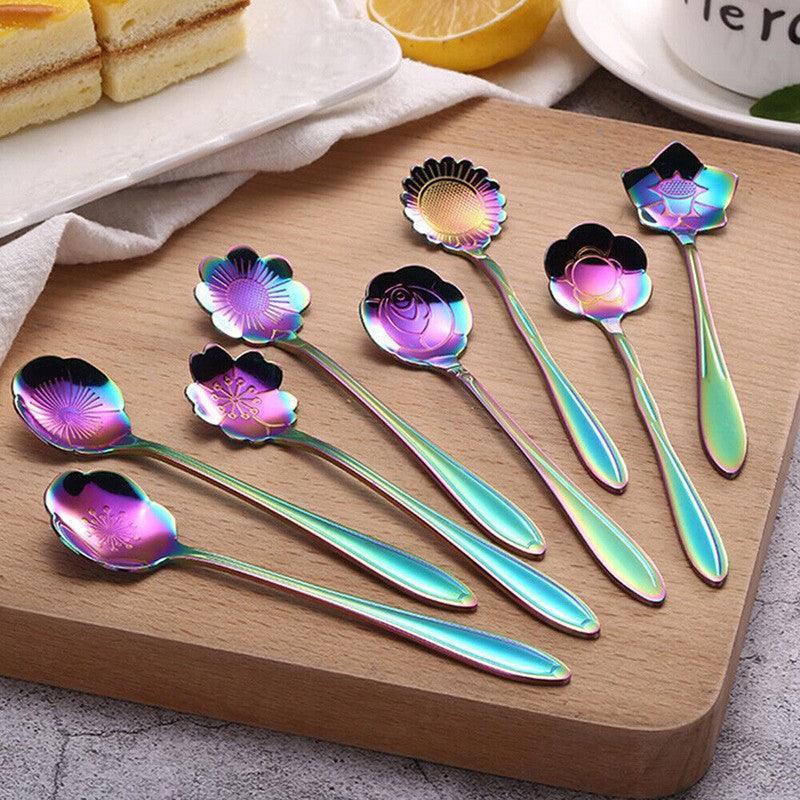 8X Spoon Long Handle Dessert Tea Coffee Mixing Spoon Stainless Steel Teaspoon - Rainbow
