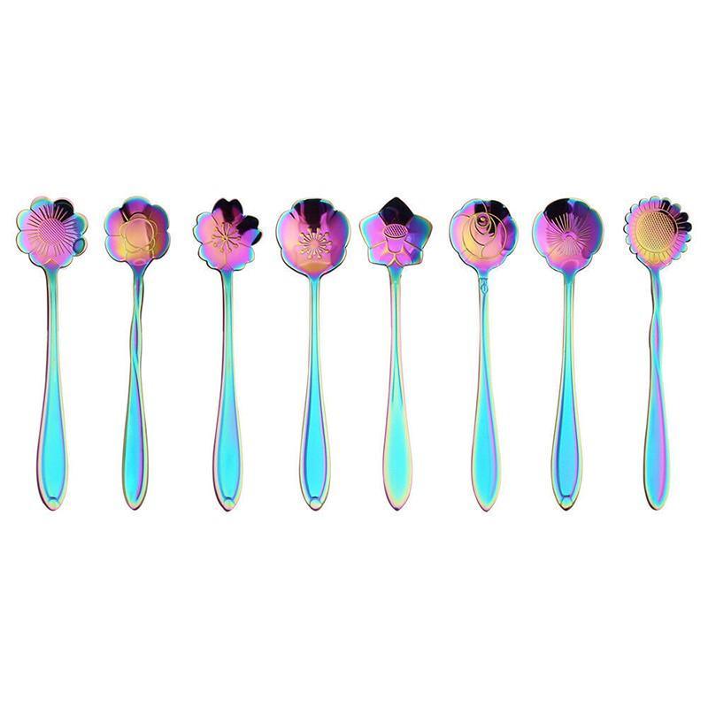 8X Spoon Long Handle Dessert Tea Coffee Mixing Spoon Stainless Steel Teaspoon - Rainbow