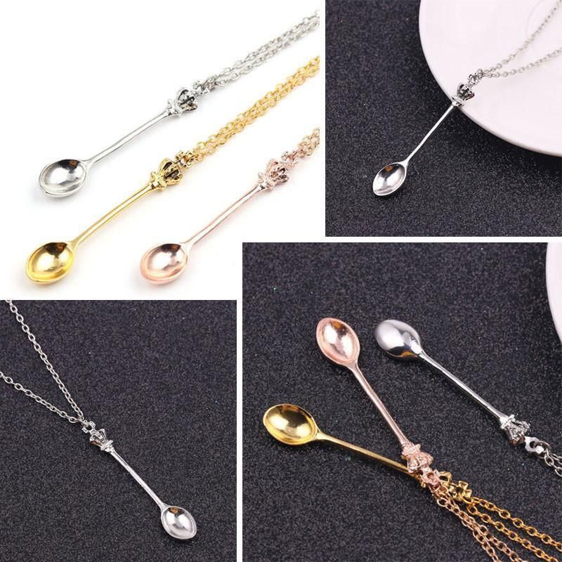 Mini Crown Spoon Necklace Pendant Charm Festival Cutlery Tea Party Gift - Rose Gold