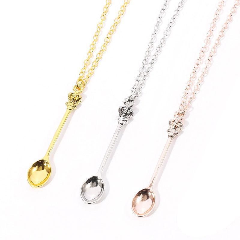 Mini Crown Spoon Necklace Pendant Charm Festival Cutlery Tea Party Gift - Rose Gold