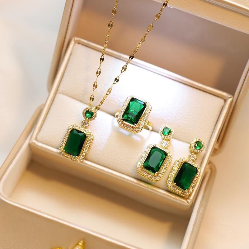 Vintage Paraiba Tourmaline Emerald Gemstone Earrings Ring Necklace Women Gift - Necklace