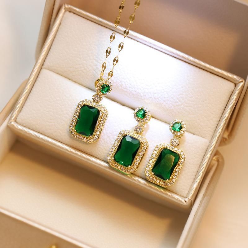 Vintage Paraiba Tourmaline Emerald Gemstone Earrings Ring Necklace Women Gift - Necklace