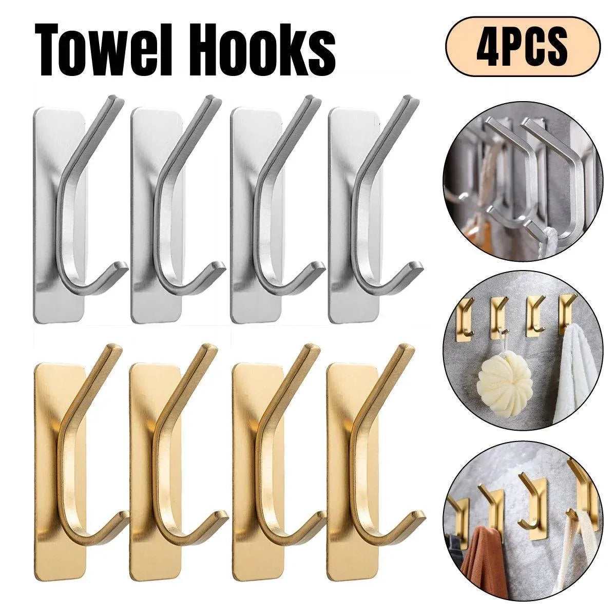 4pcs Stainless Steel Adhesive Hook Towel Hook Bathroom Kitchen Door Coat Hook - Silver