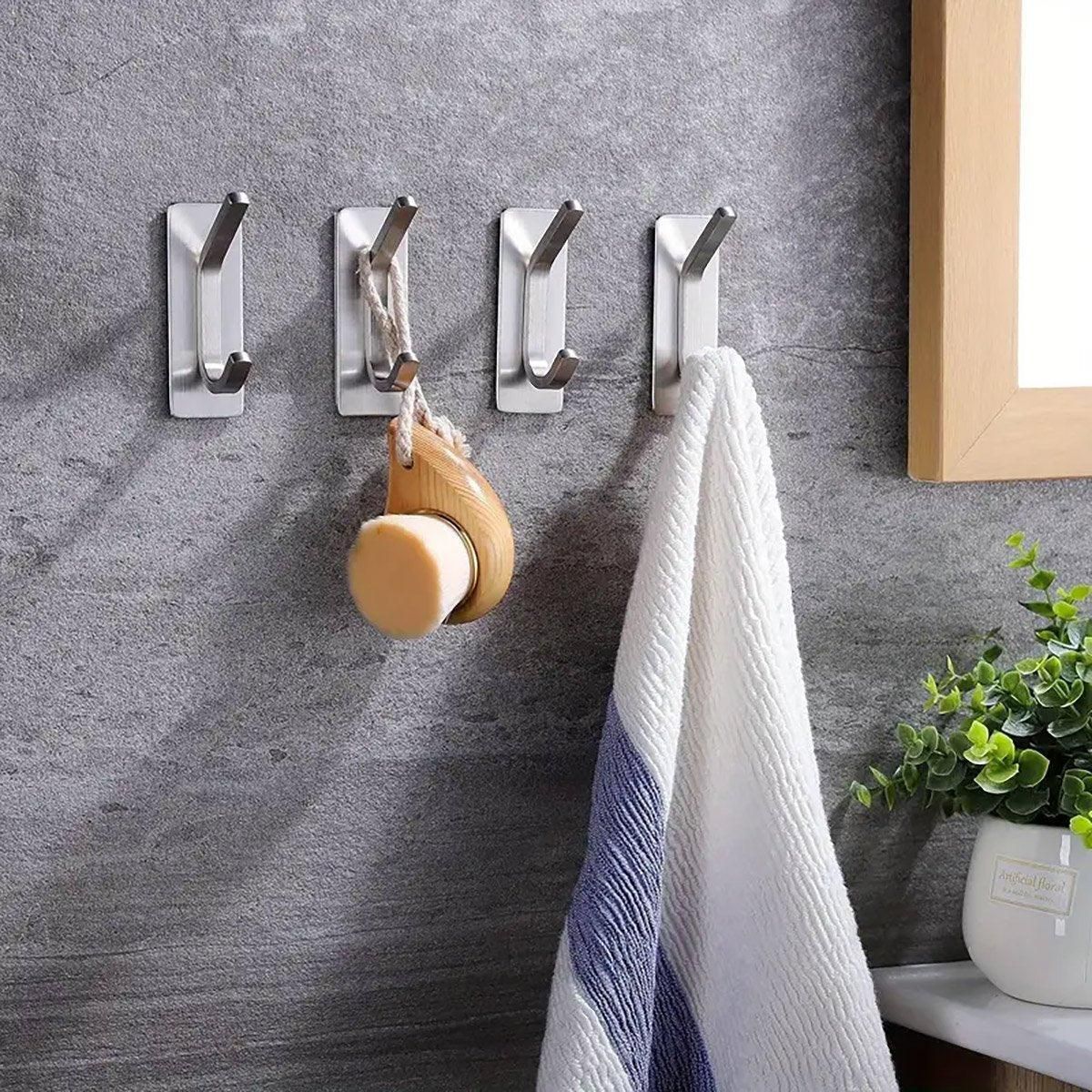 4pcs Stainless Steel Adhesive Hook Towel Hook Bathroom Kitchen Door Coat Hook - Silver