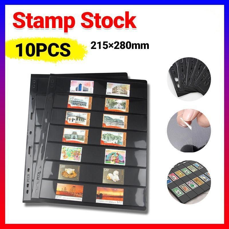 10 Pcs Stamp Album Refill Pages, Double Sided Black 7-Strip Sheets with 9 Holes