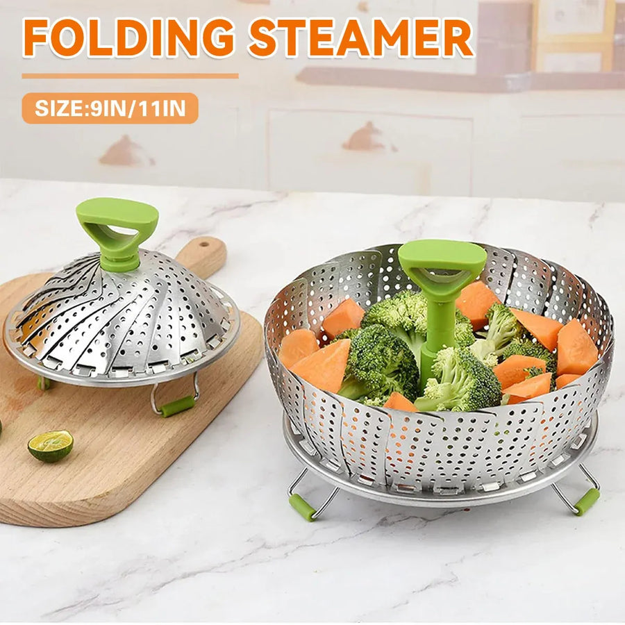 Folding Stainless Steel Steamer Basket Expandable Safe Durable Easy To Use - 11in