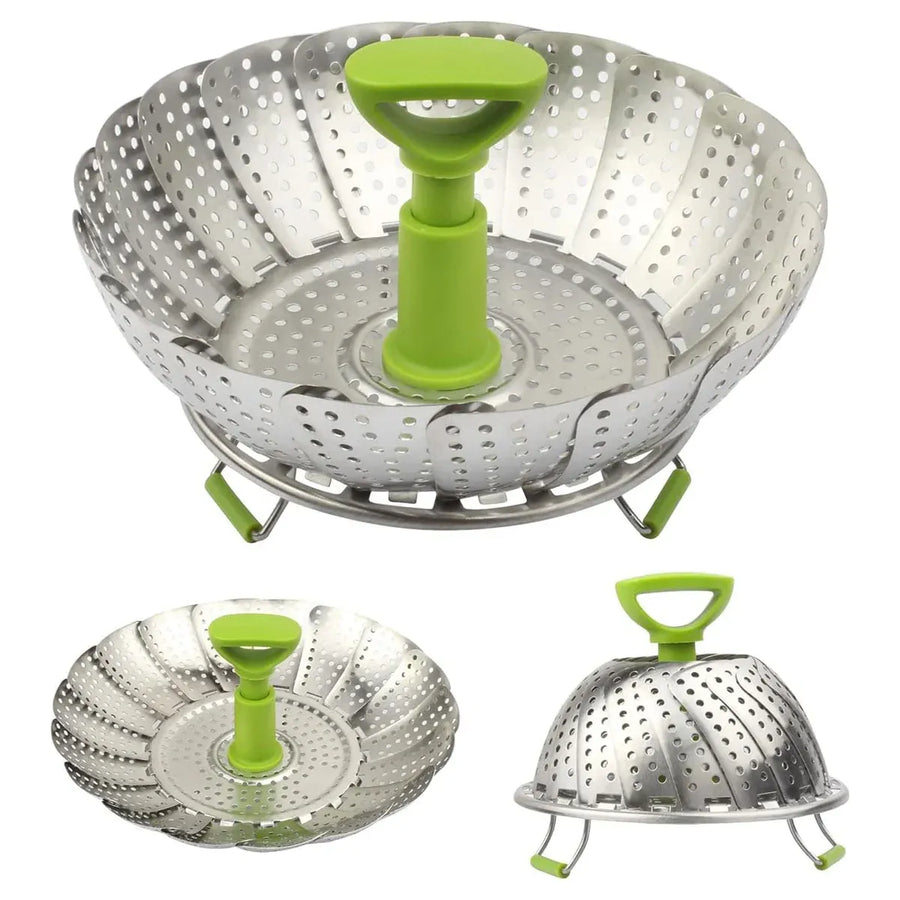Folding Stainless Steel Steamer Basket Expandable Safe Durable Easy To Use - 11in