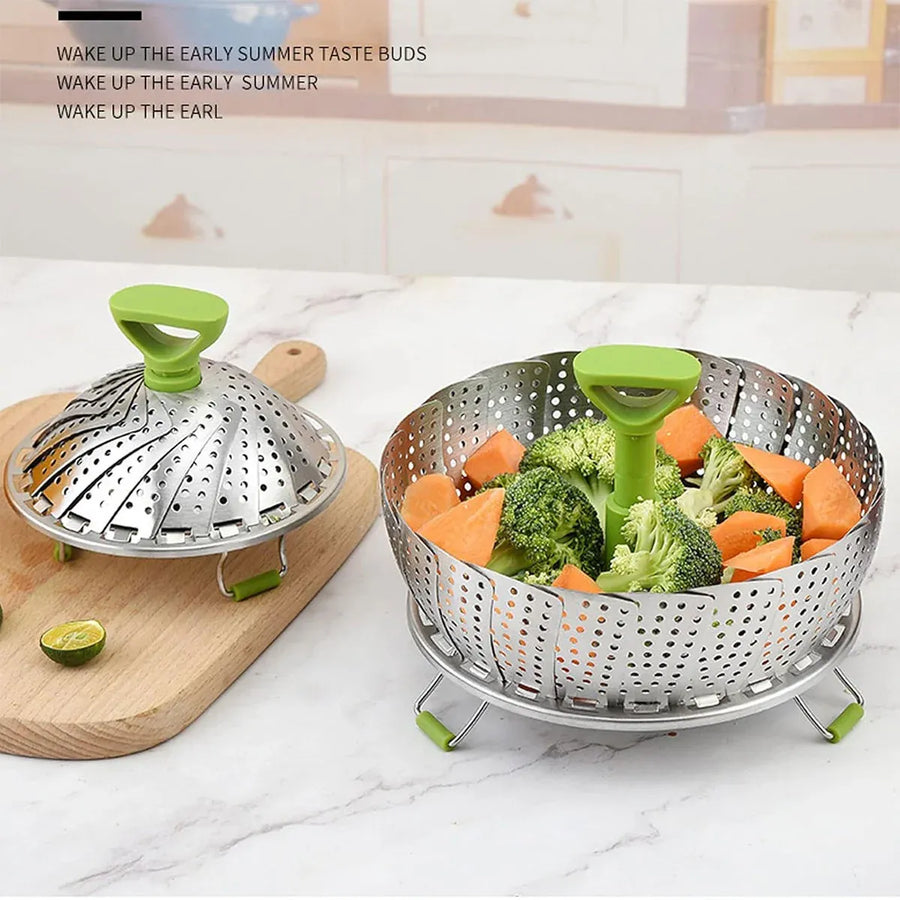 Folding Stainless Steel Steamer Basket Expandable Safe Durable Easy To Use - 9in