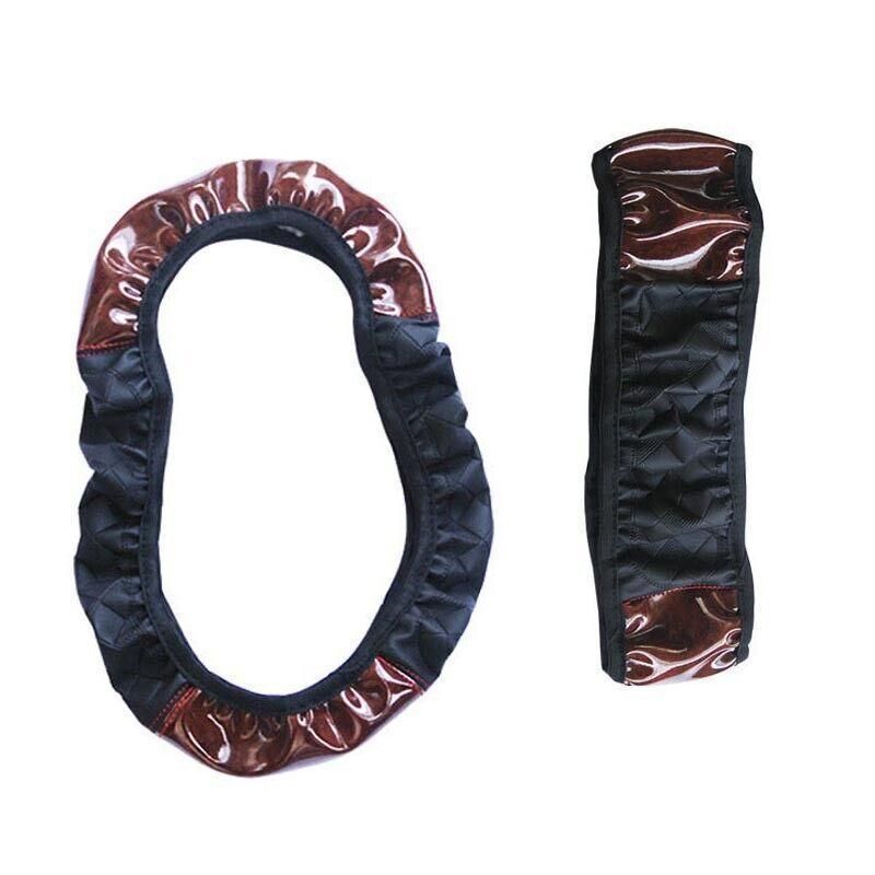 PU Leather Car Steering Wheel Cover With Mahogany Pattern 38cm Anti Slip Grip