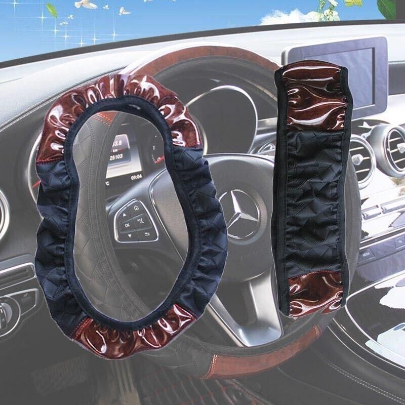 PU Leather Car Steering Wheel Cover With Mahogany Pattern 38cm Anti Slip Grip