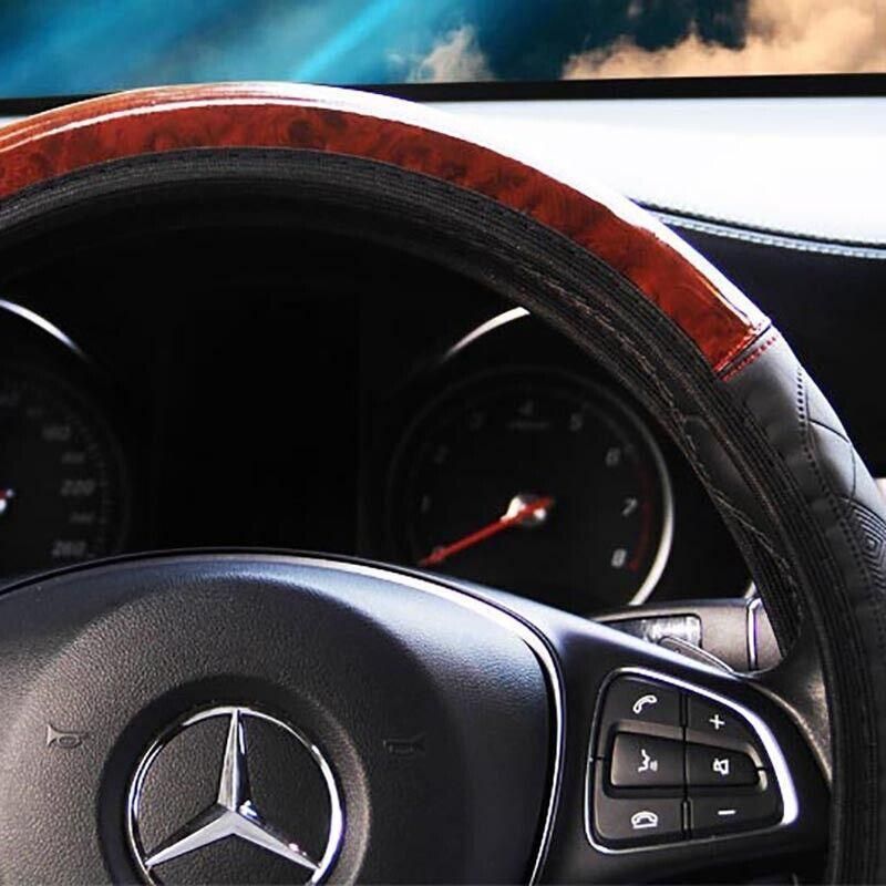 PU Leather Car Steering Wheel Cover With Mahogany Pattern 38cm Anti Slip Grip