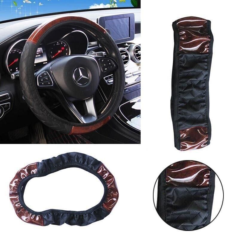 PU Leather Car Steering Wheel Cover With Mahogany Pattern 38cm Anti Slip Grip