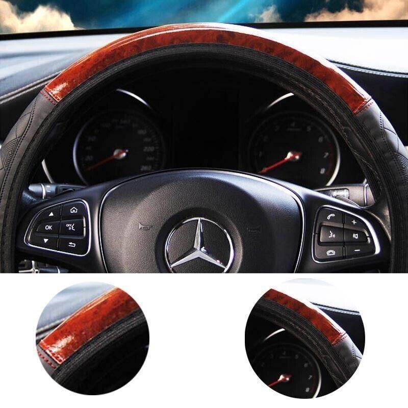 PU Leather Car Steering Wheel Cover With Mahogany Pattern 38cm Anti Slip Grip